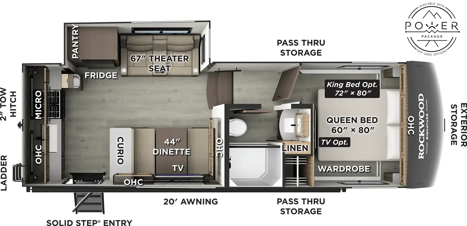 The Rockwood Signature Fifth Wheels R282RK floorplan has one entry and one slide out. Exterior features include: fiberglass exterior and 20' awning. Interiors features include: rear kitchen and front bedroom.